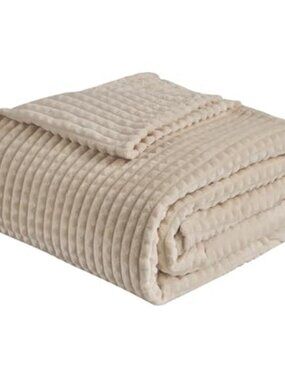 Beige Fleece Throw Blanket Soft Lightweight Cozy Warm Grid Pattern Sofa Bed